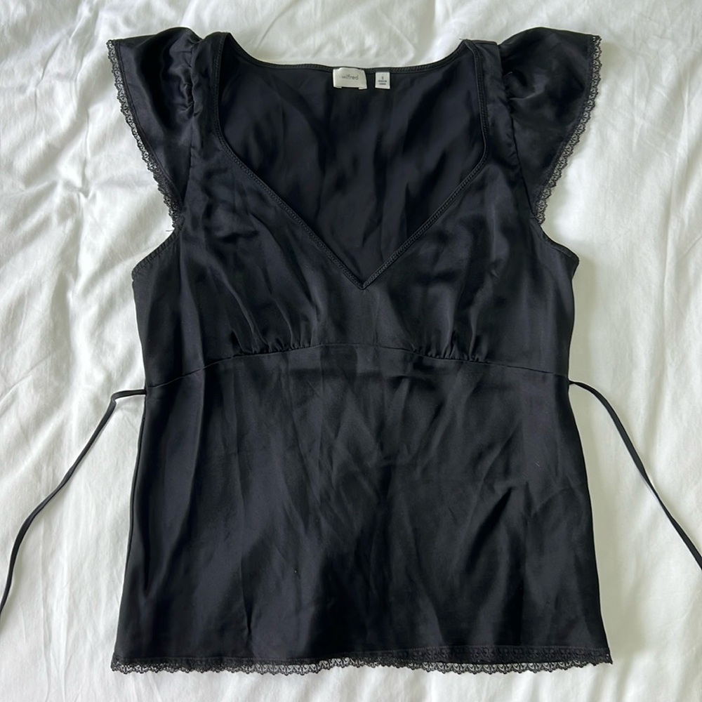 100% Silk Lace Trim Black V Neck Blouse